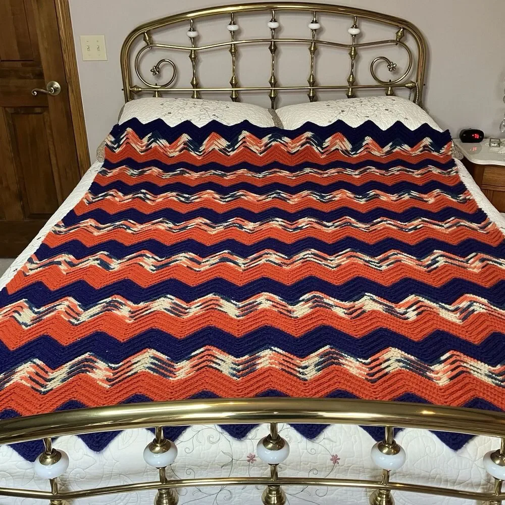 Vtg Handmade Crochet Afghan Throw Zig Zag Chevron Approx 50X65 Blue Orange Bears